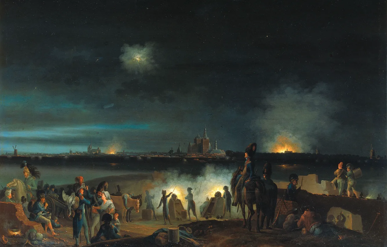 Фото обои масло, картина, 1800, Joseph August Knip, Обстрел Хертогенбоса французами во время осады 179, Джозеф Огаст …