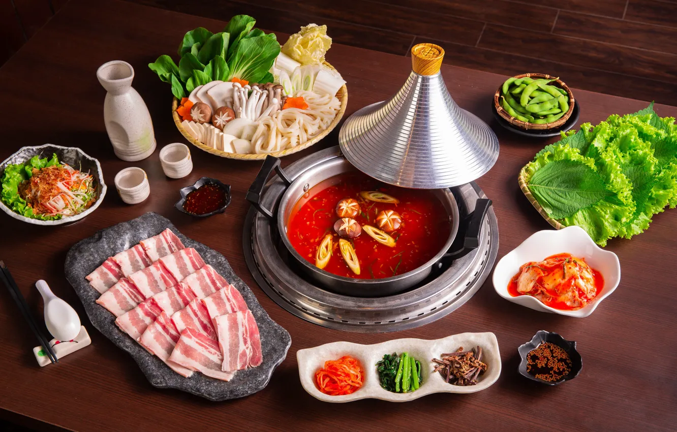 Фото обои суп, мясо, овощи, соус, китайский