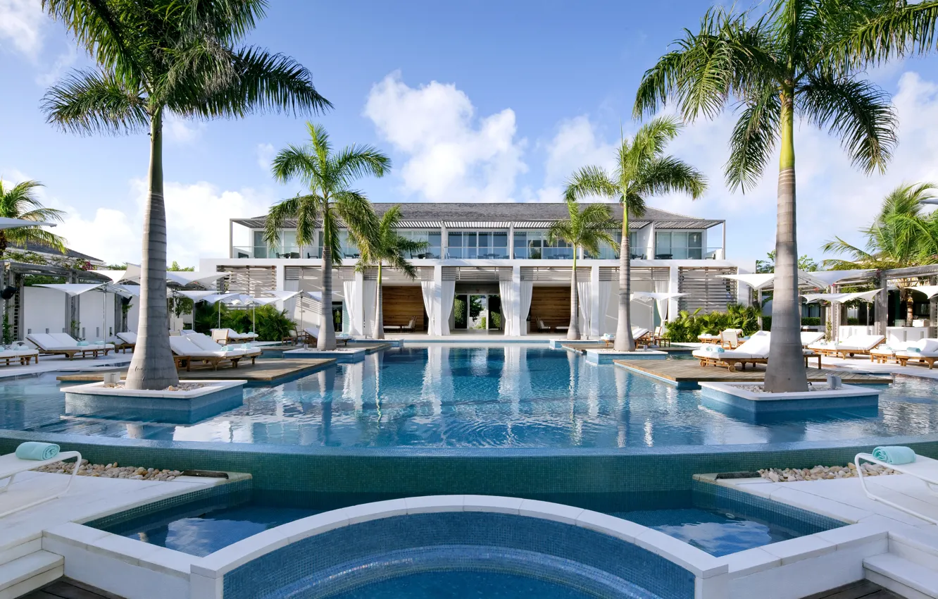 Фото обои пальмы, вилла, бассейн, архитектура, терраса