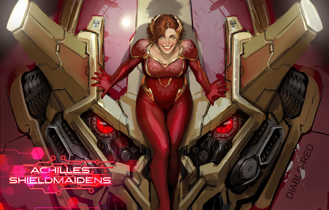 Фото обои Девушка, Улыбка, Костюм, Красные Волны, shiniez, Красные глаза, achilles shieldmaidens, Голова Робота