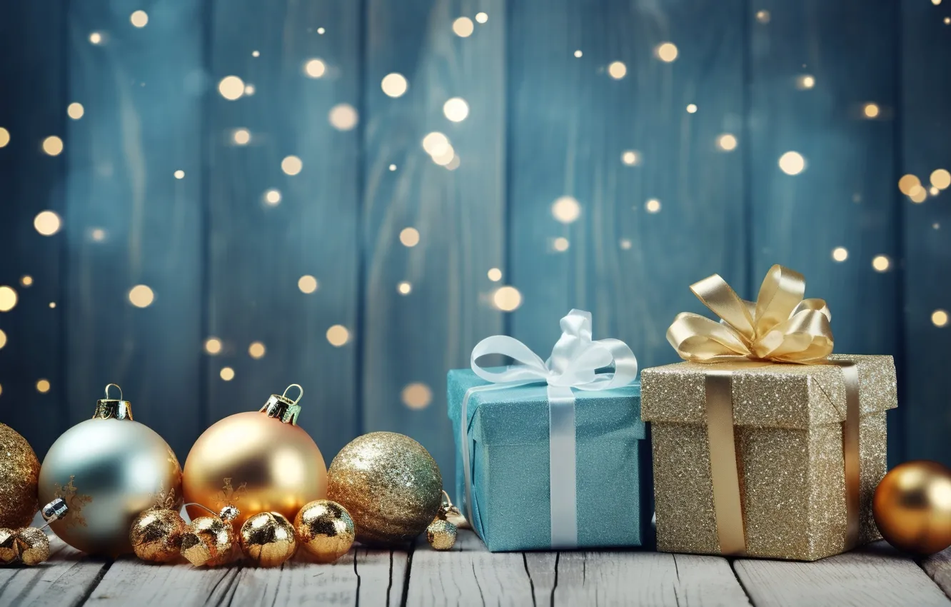 Фото обои украшения, подарок, шары, новый год, Рождество, golden, Christmas, balls