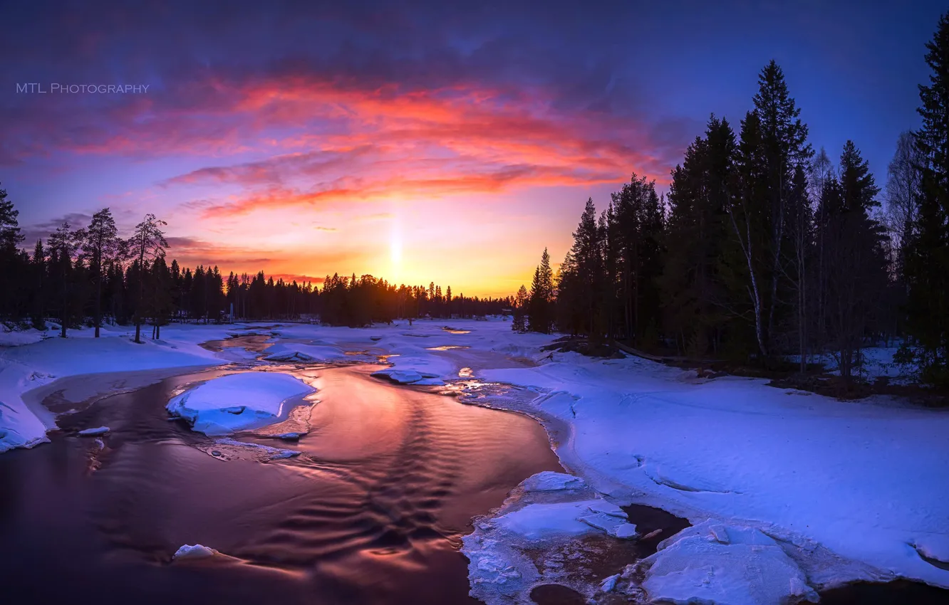Фото обои зима, закат, река
