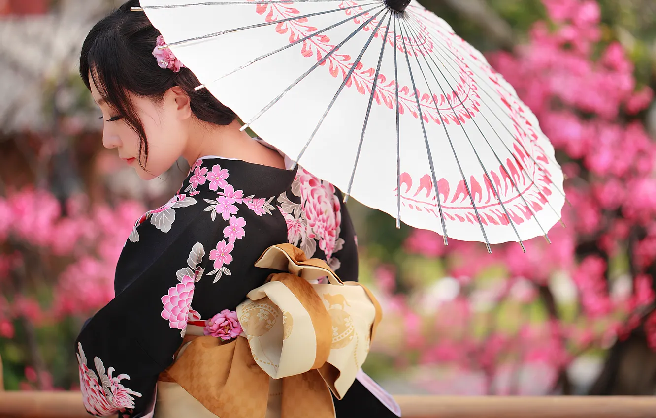 Фото обои лицо, зонтик, одежда, кимоно, азиатка