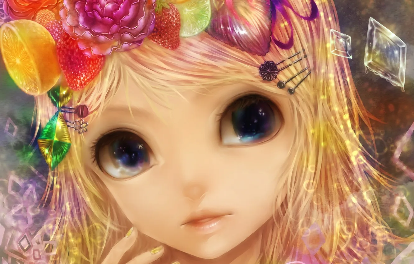 Фото обои глаза, девушка, цветы, лимон, роза, клубника, арт, лайм