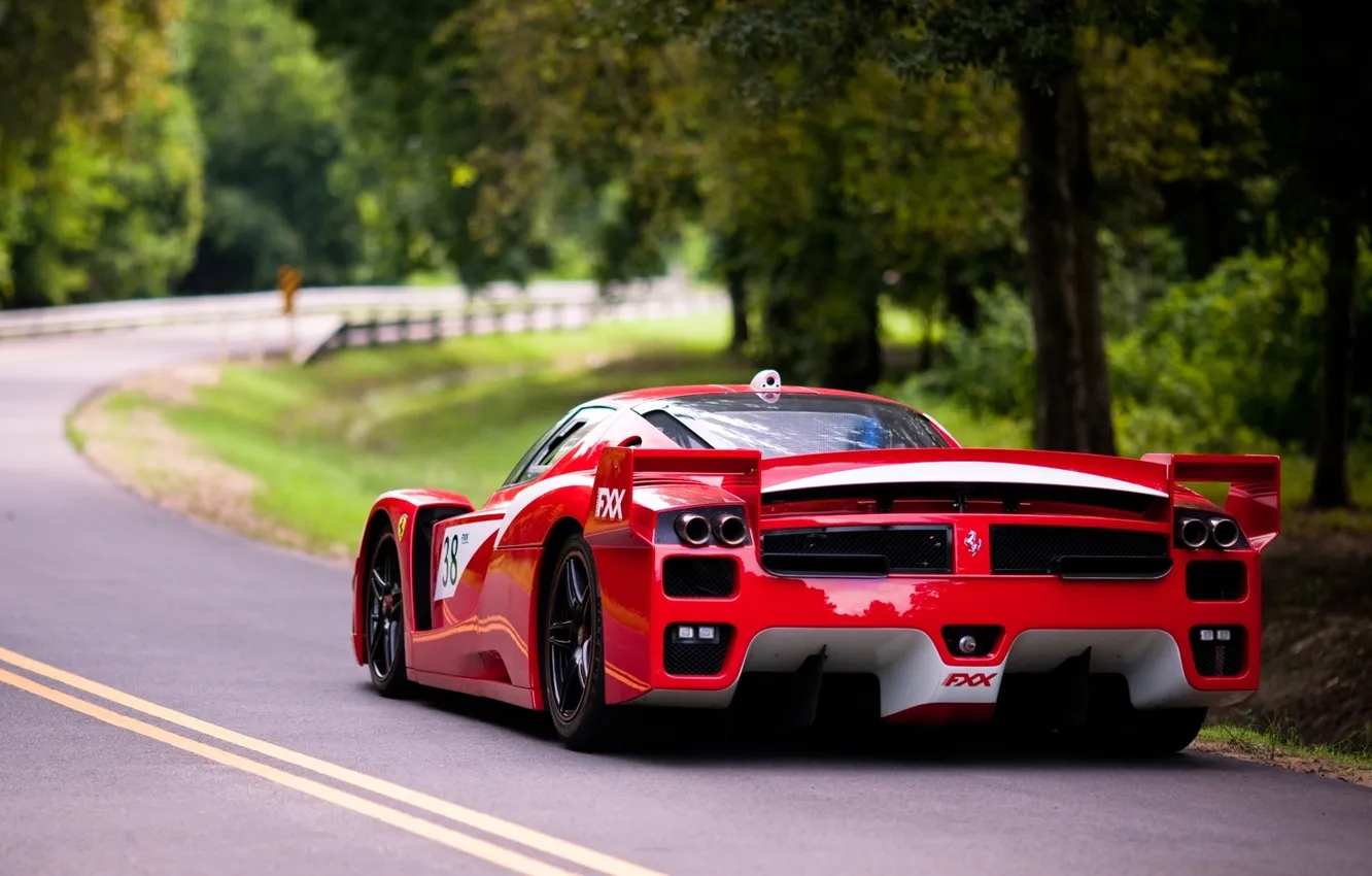Фото обои дорога, красный, Феррари, Ferrari, суперкар, вид сзади, FXX, Evoluzione