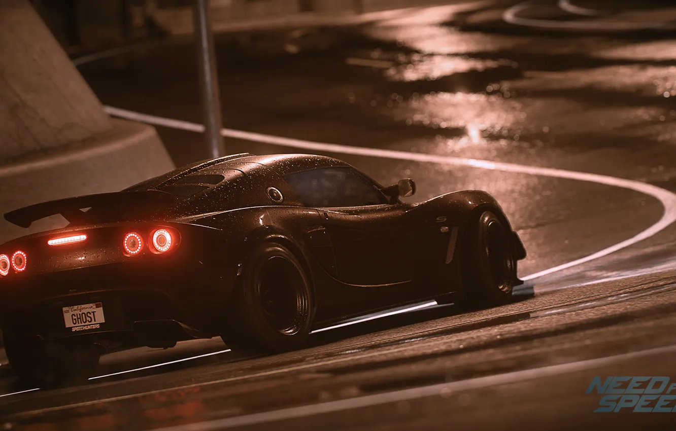 Фото обои фары, Lotus, спорткар, мокрый асфальт, Exige S, Need For Speed 2015
