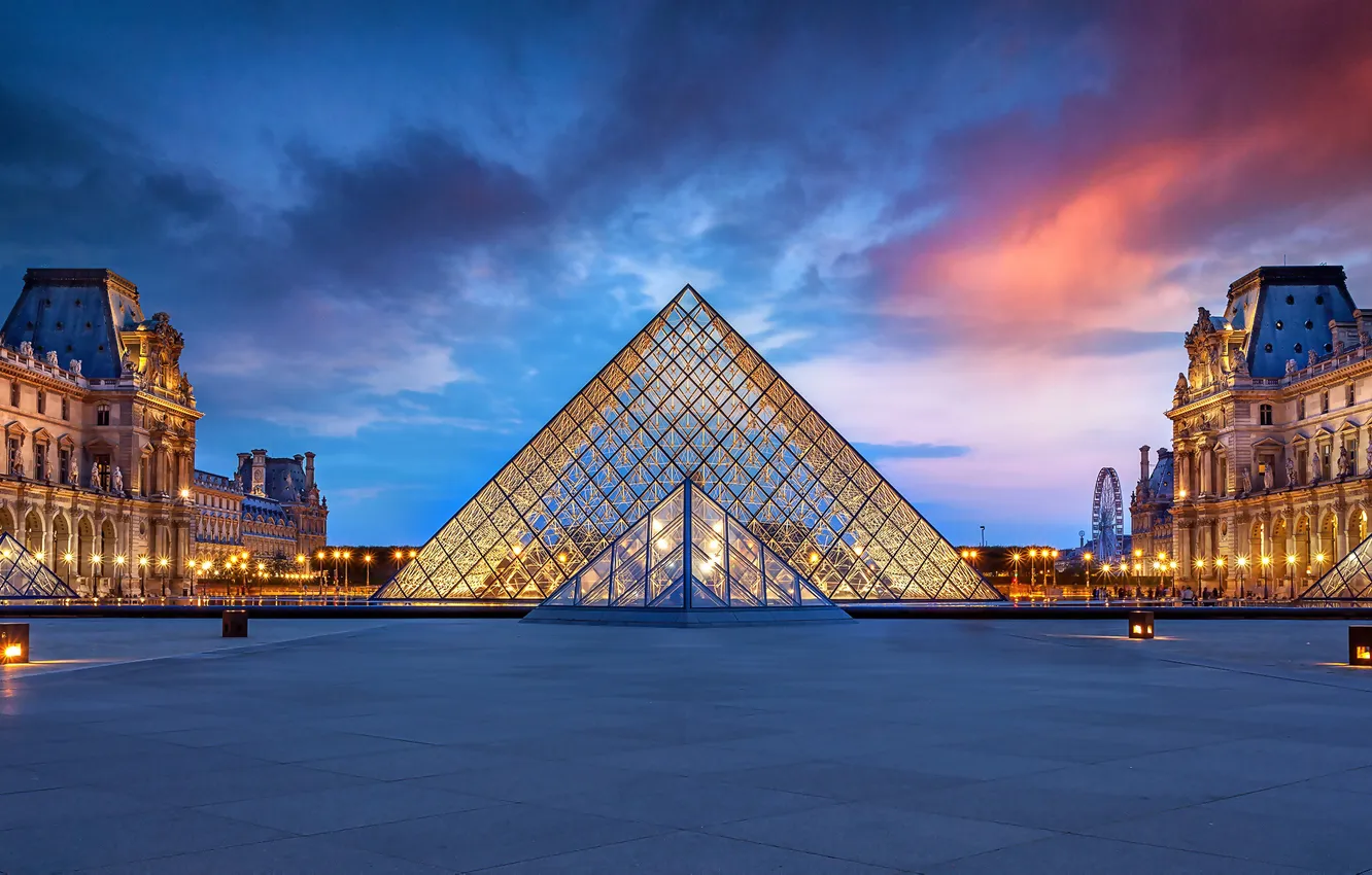 Фото обои закат, город, Франция, Париж, вечер, Лувр, освещение, площадь