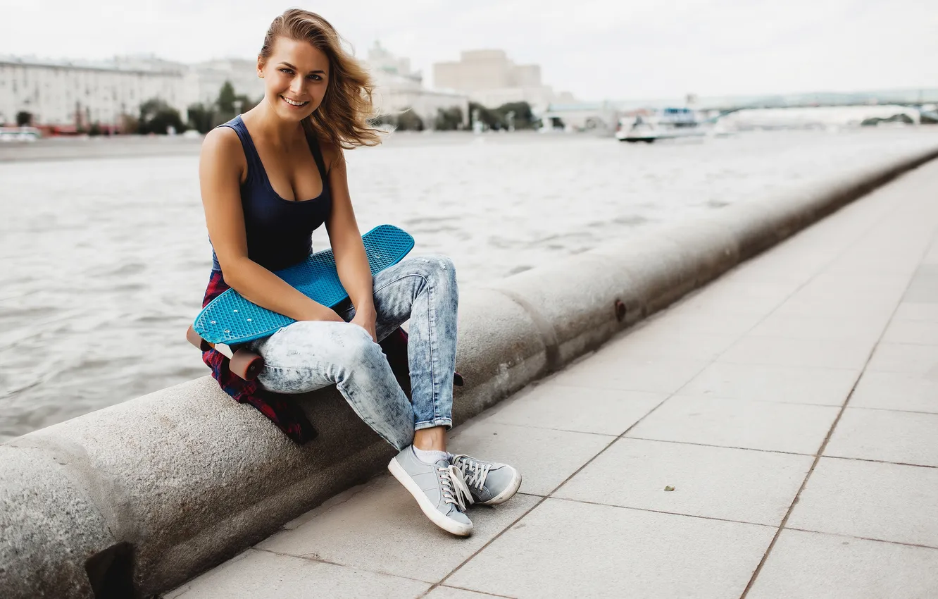 Фото обои woman, beautiful, blonde, skateboard, posing