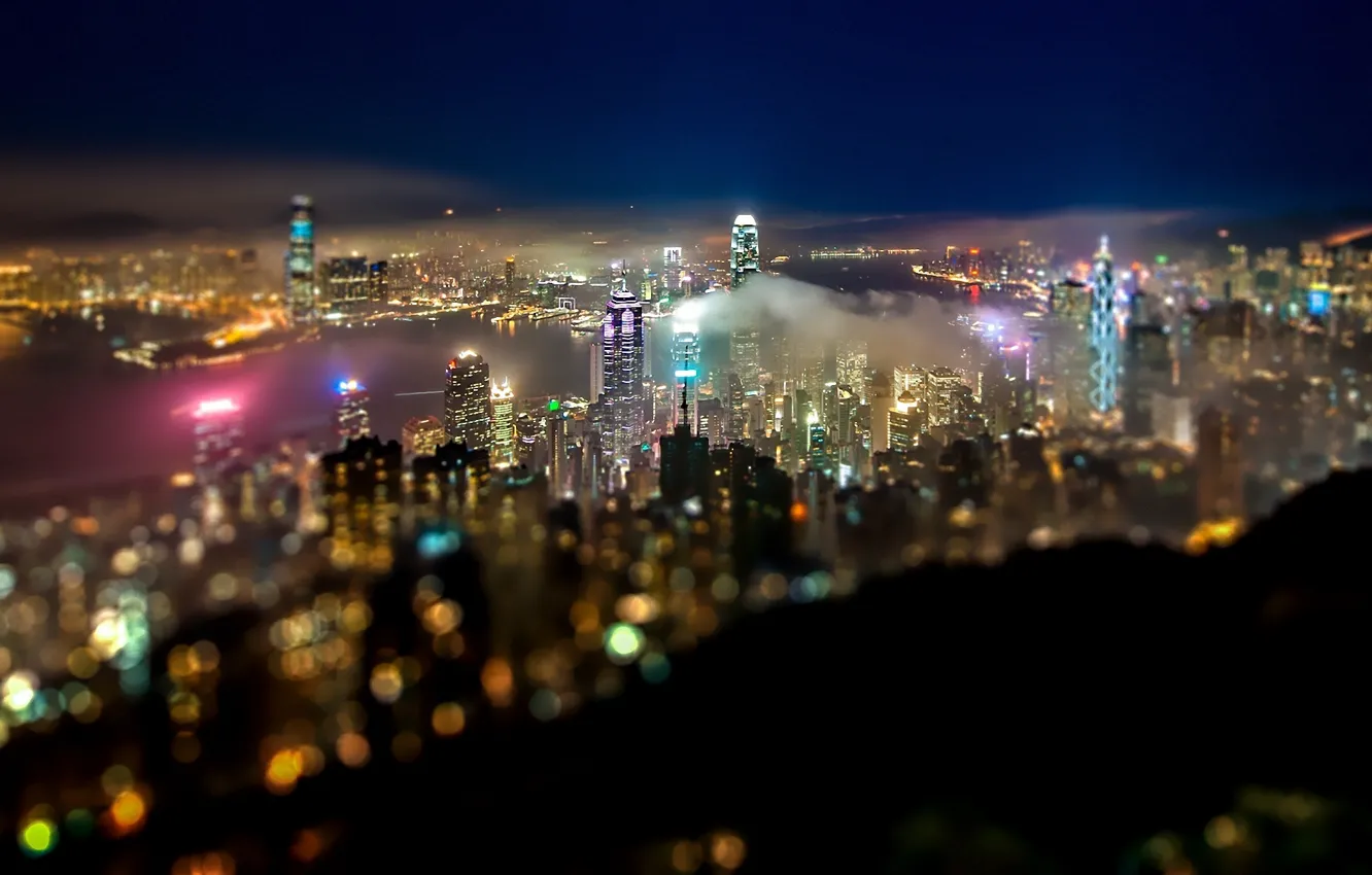Фото обои China, небоскребы, залив, боке, Hong Kong, огни ночного города