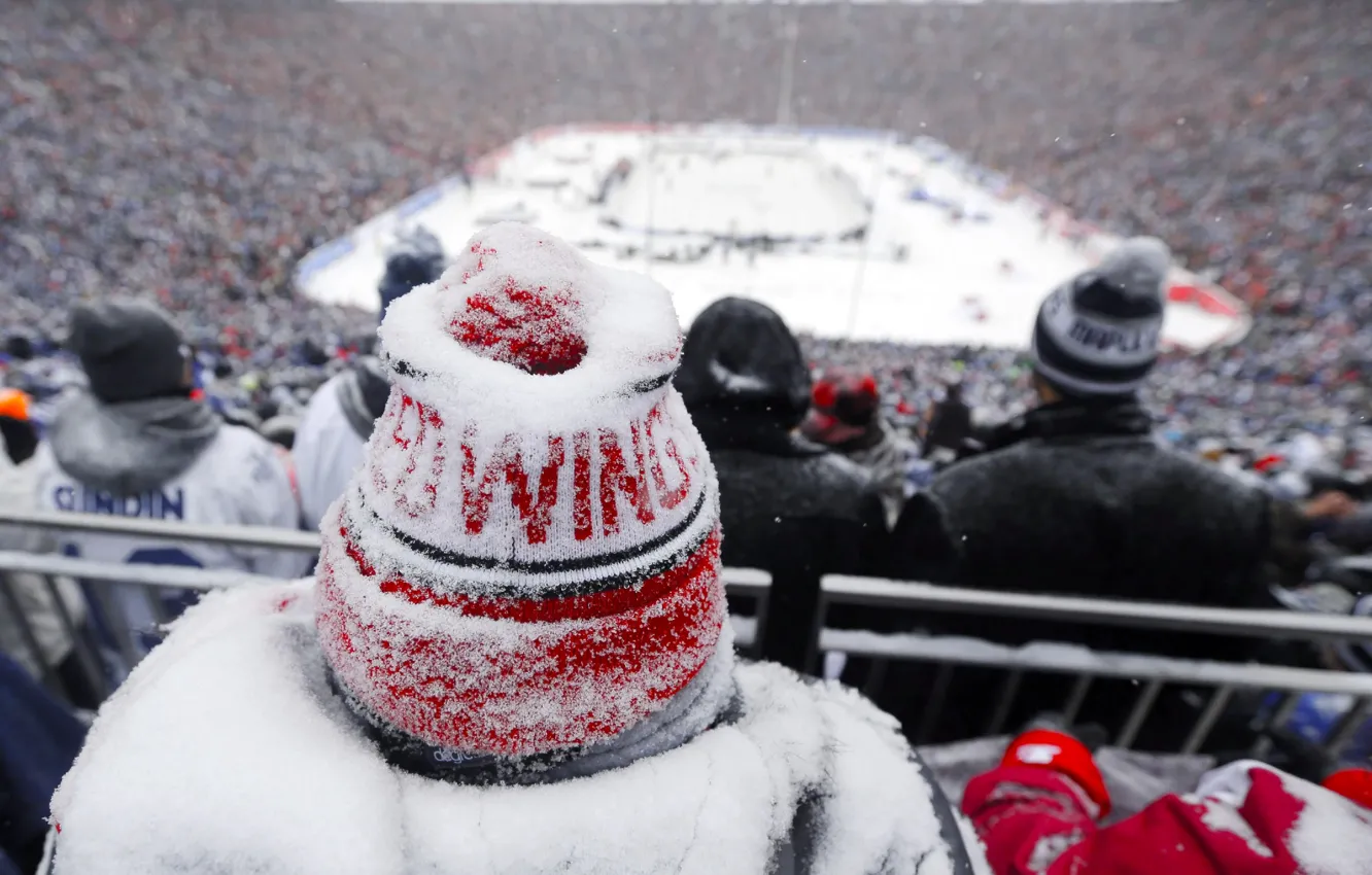 Фото обои Зима, Снег, Шапка, Detroit, Хоккей, Red Wings, Hockey, Detroit Red Wings