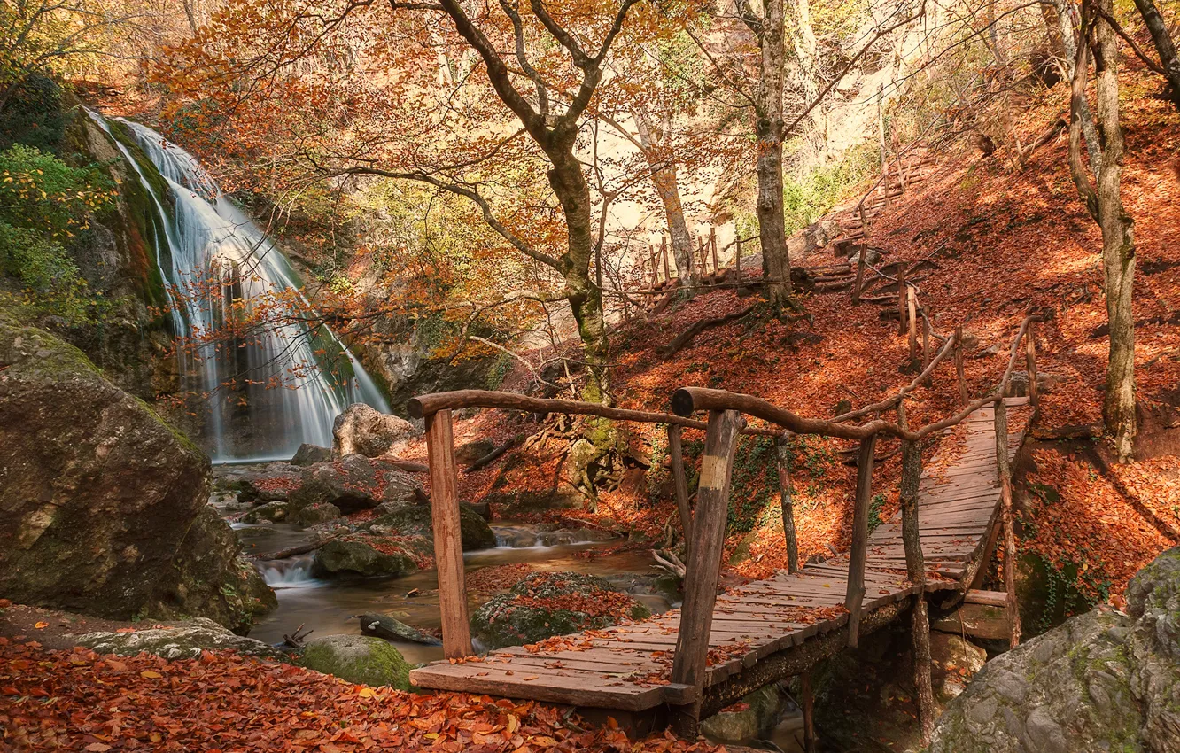 Фото обои осень, деревья, мост, водопад
