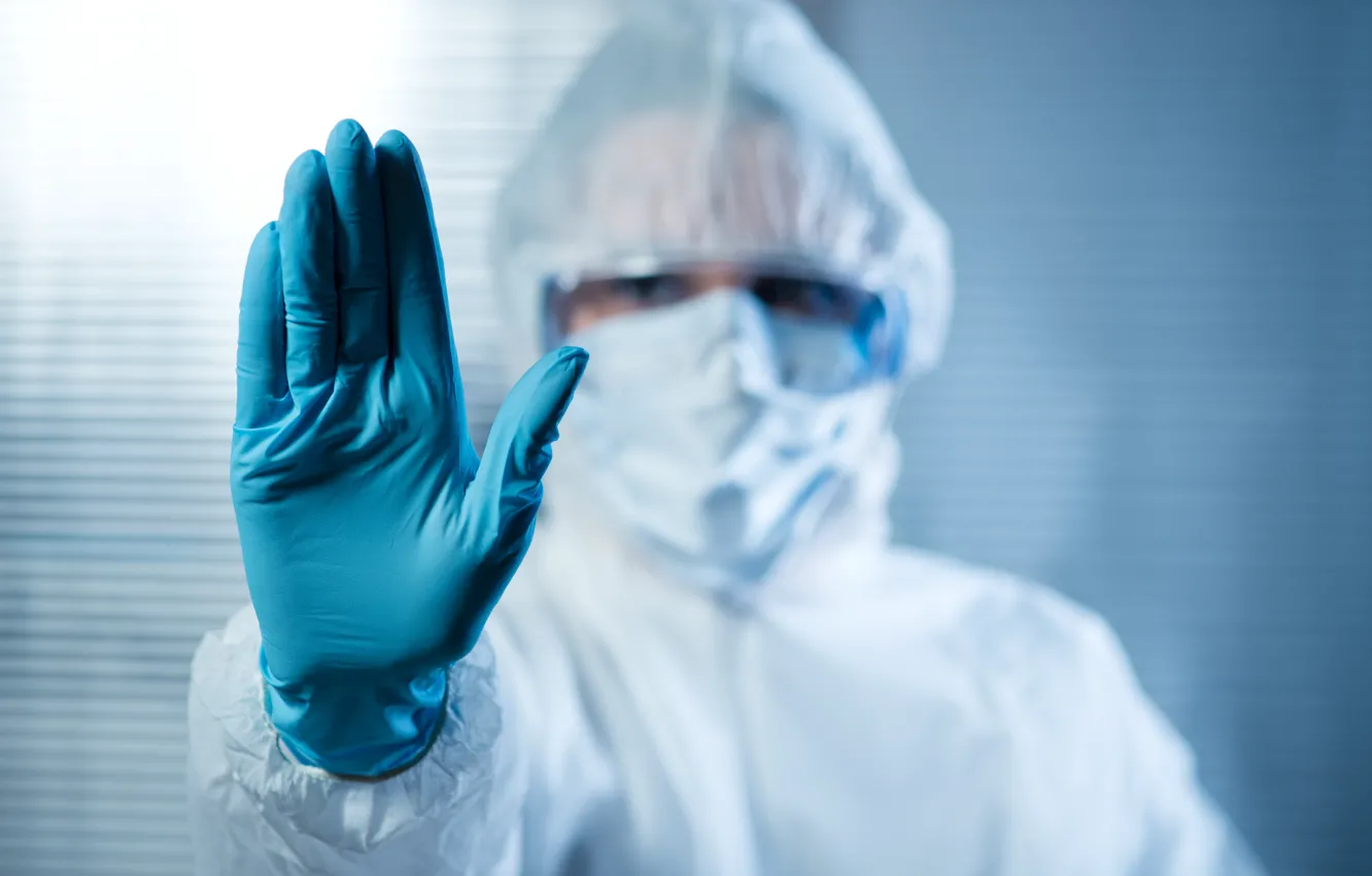 Фото обои laboratory, latex gloves, biological suit