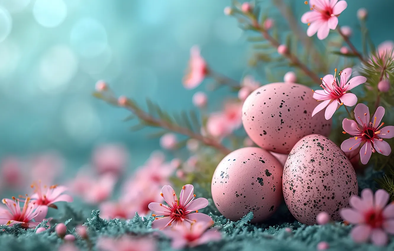 Фото обои цветы, яйца, весна, colorful, Пасха, happy, pink, flowers