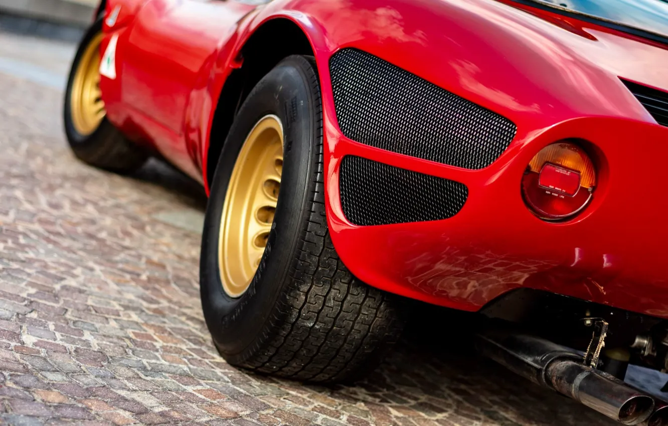 Фото обои Alfa Romeo, red, close-up, 1967, 33 Stradale, Tipo 33, Alfa Romeo 33 Stradale Prototipo