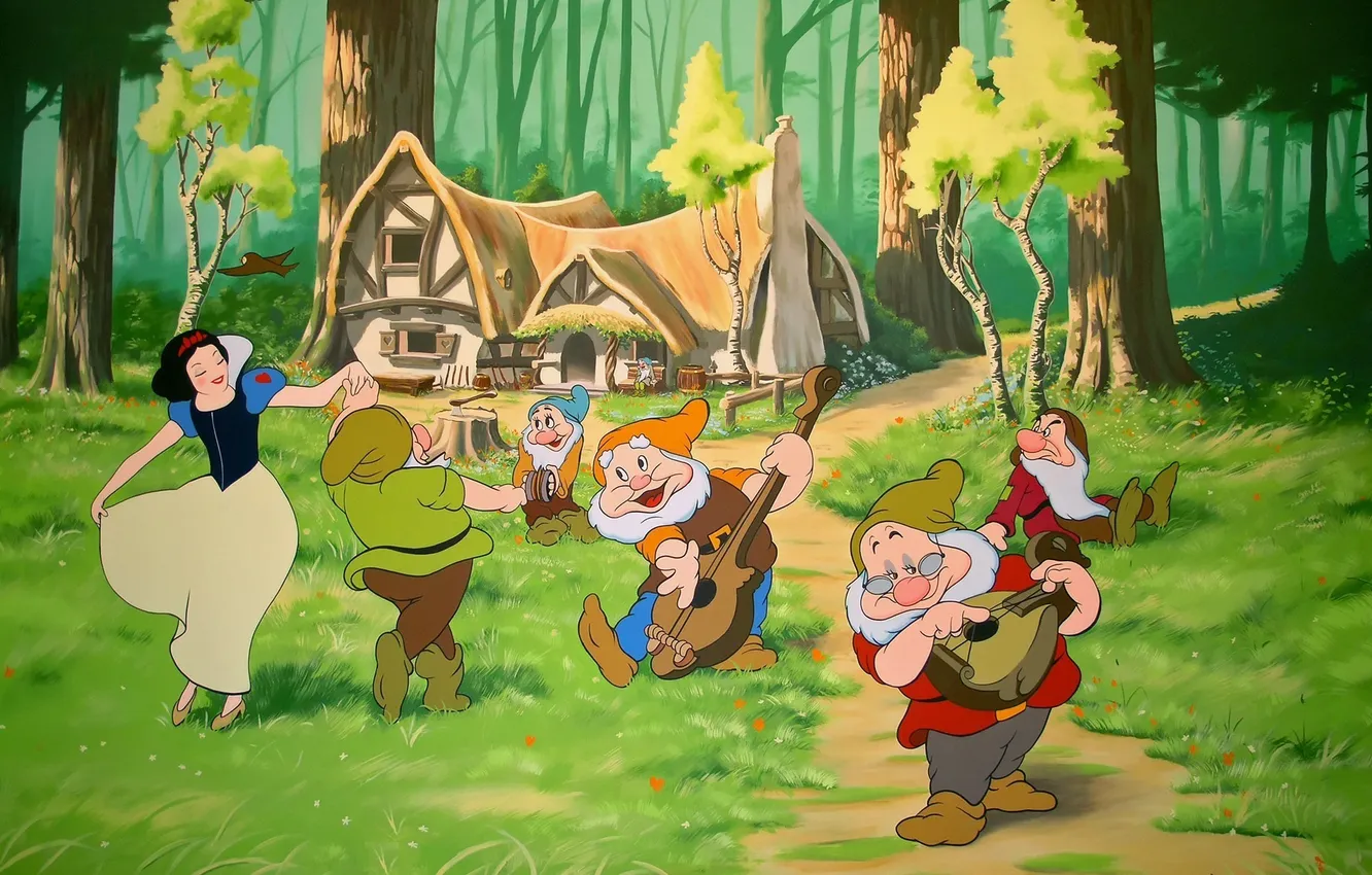 Фото обои мультфильм, белоснежка и семь гномов, домик с гномами