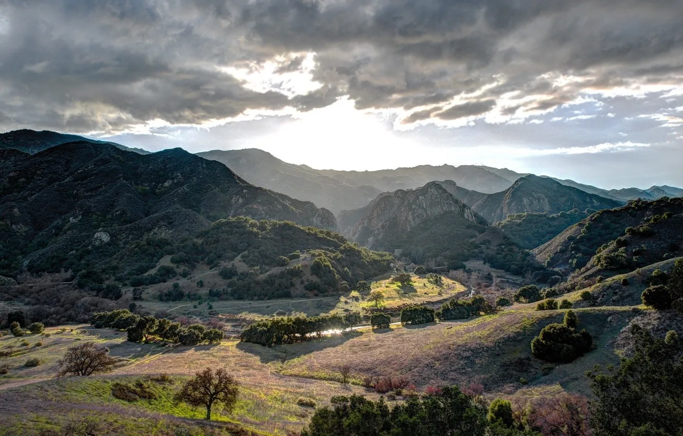 Фото обои облака, деревья, горы
