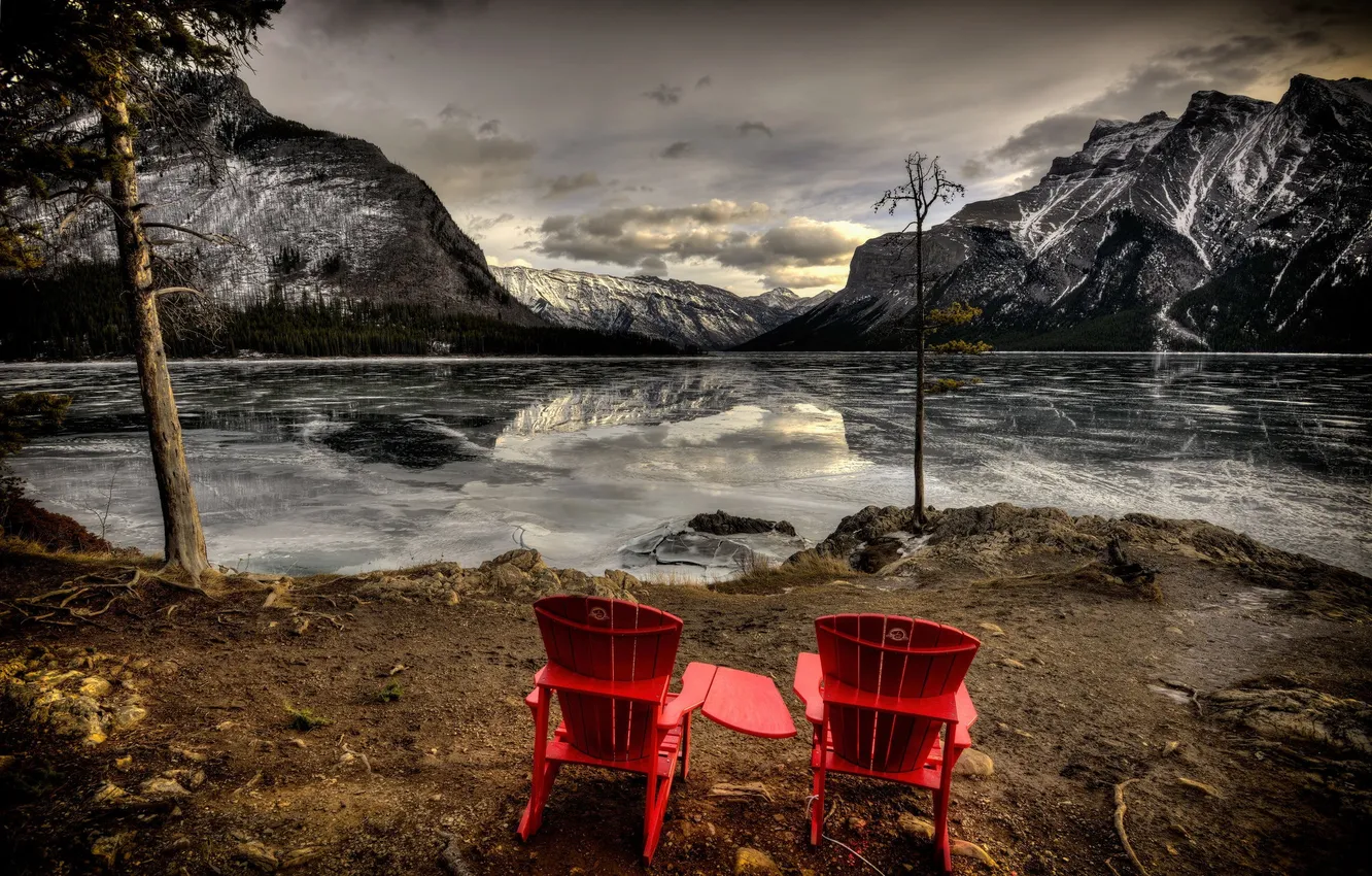 Фото обои горы, озеро, вечер, кресла