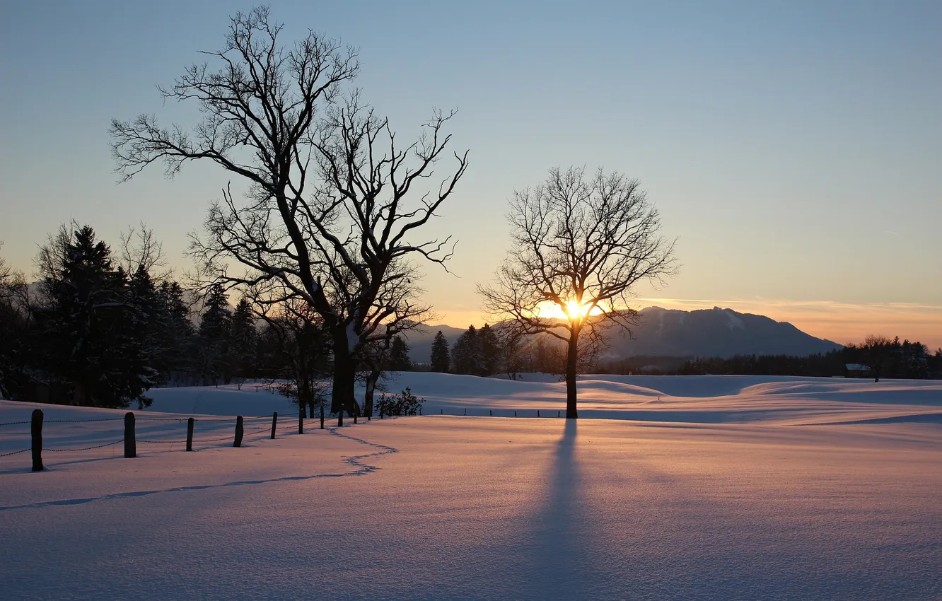 Фото обои зима, поле, небо, пейзаж, закат, природа
