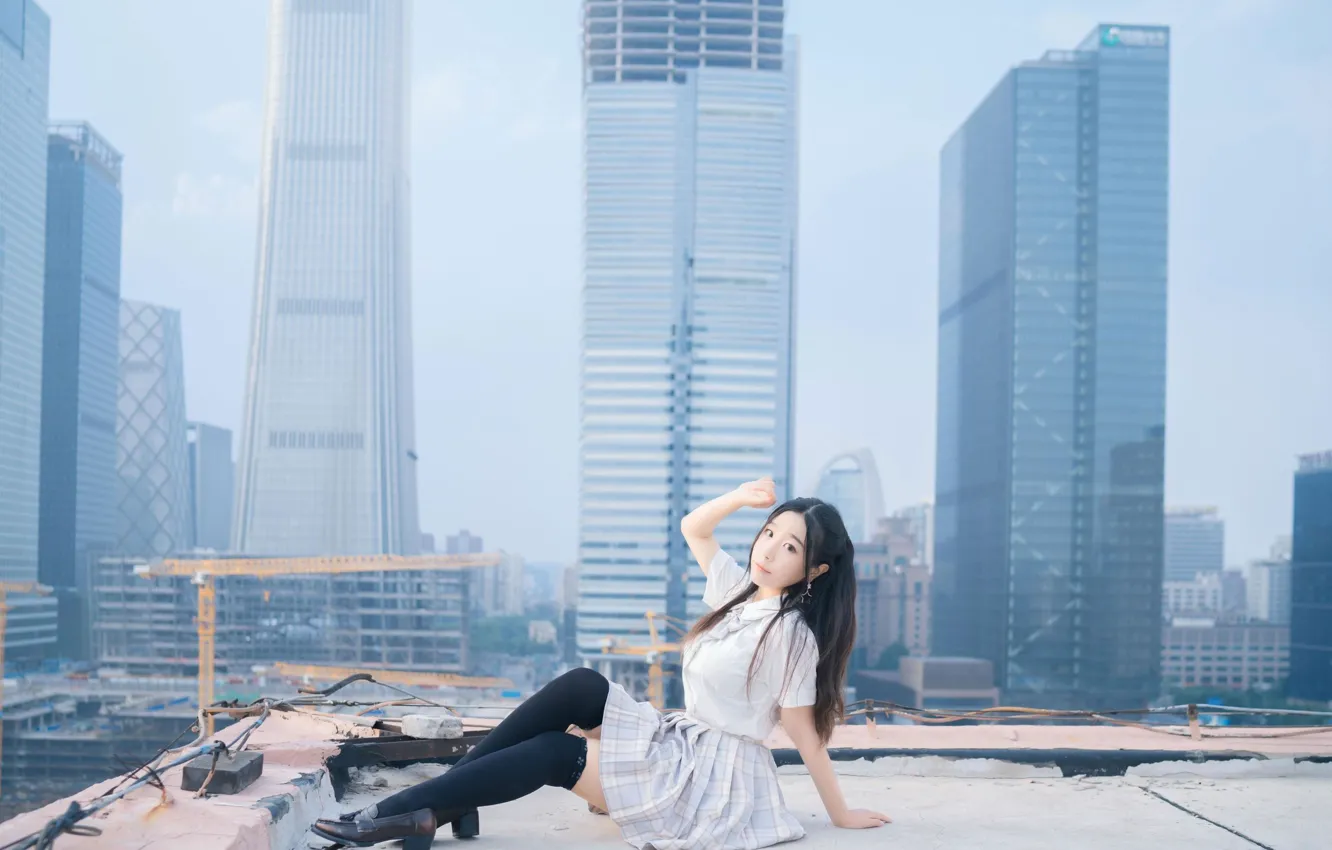 Фото обои City, Beautiful, Asian, Model, Woman, Pretty, Japanese, Skyscrapers