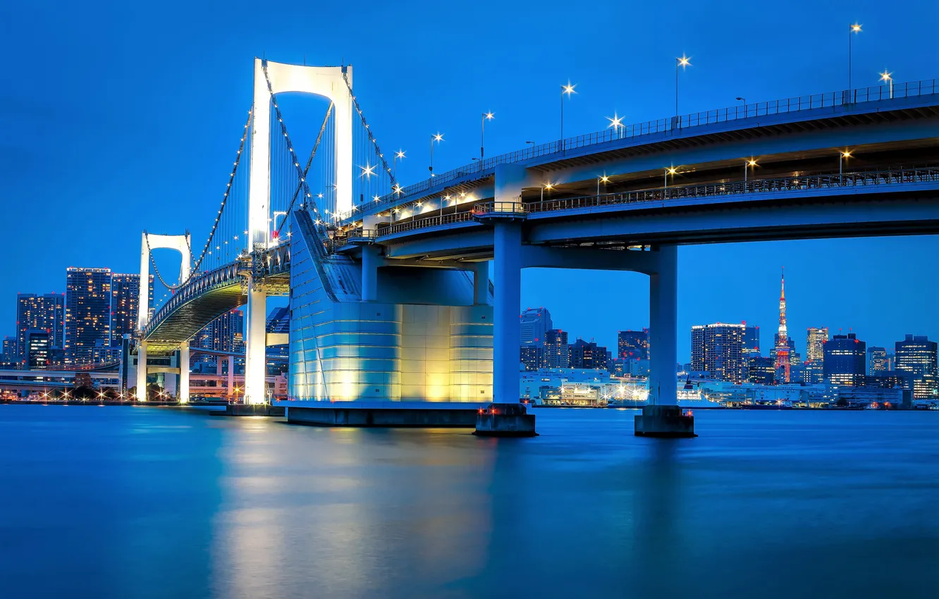 Фото обои небо, мост, огни, река, дома, вечер, Япония, Токио