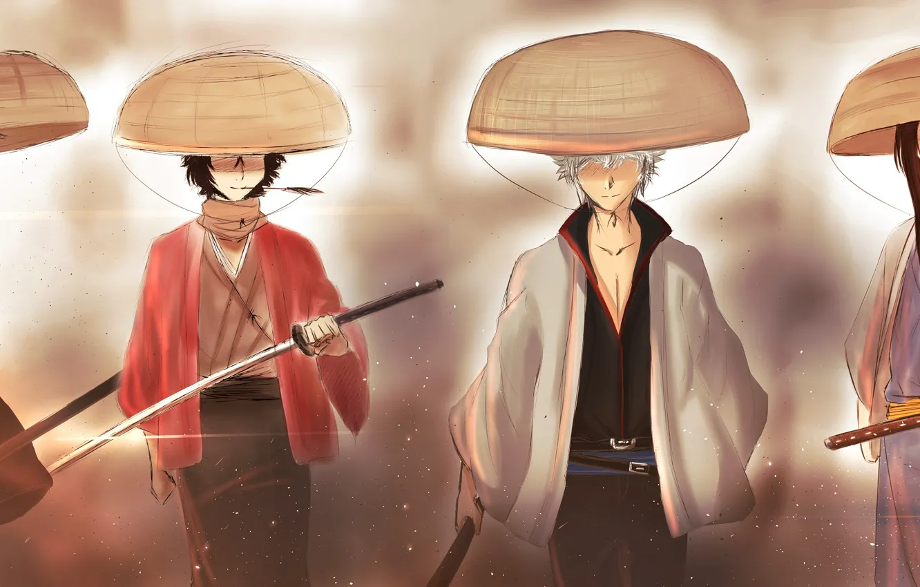 Фото обои парень, парни, шляпы, самураи, Gintama, Гинтама
