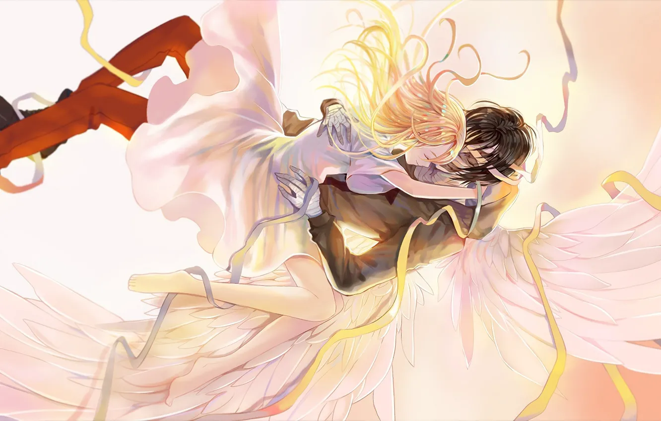 Фото обои девушка, крылья, ангел, платье, парень, бинты, Ангел кровопролития, Satsuriku no Tenshi