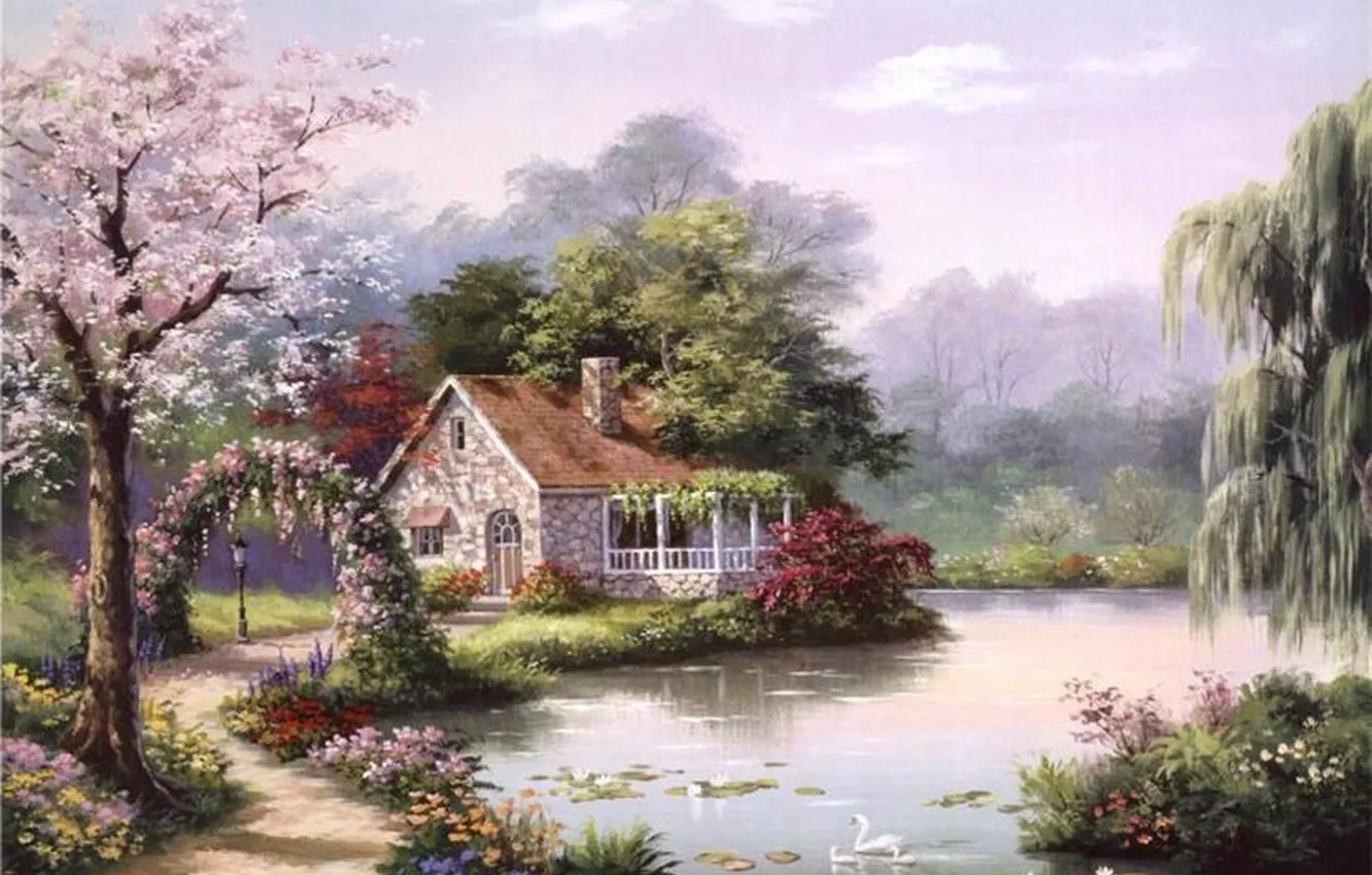 Фото обои дом, река, картина, живопись, лебеди, painting, Sung Kim