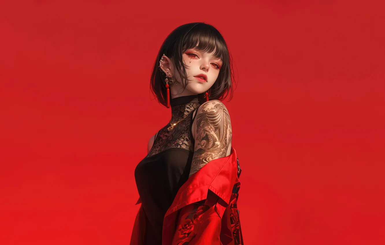 Фото обои Girl, Anime, Tattoo, Red background, Anime Girl, AI Generated, Anime Girl with Tattoo