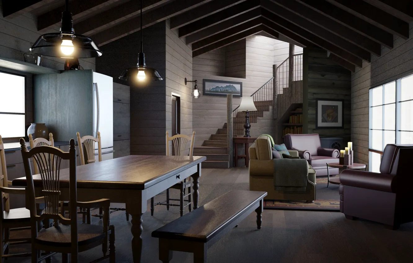 Фото обои дизайн, стиль, интерьер, гостиная, столовая, rustic living room, Avery Kukla