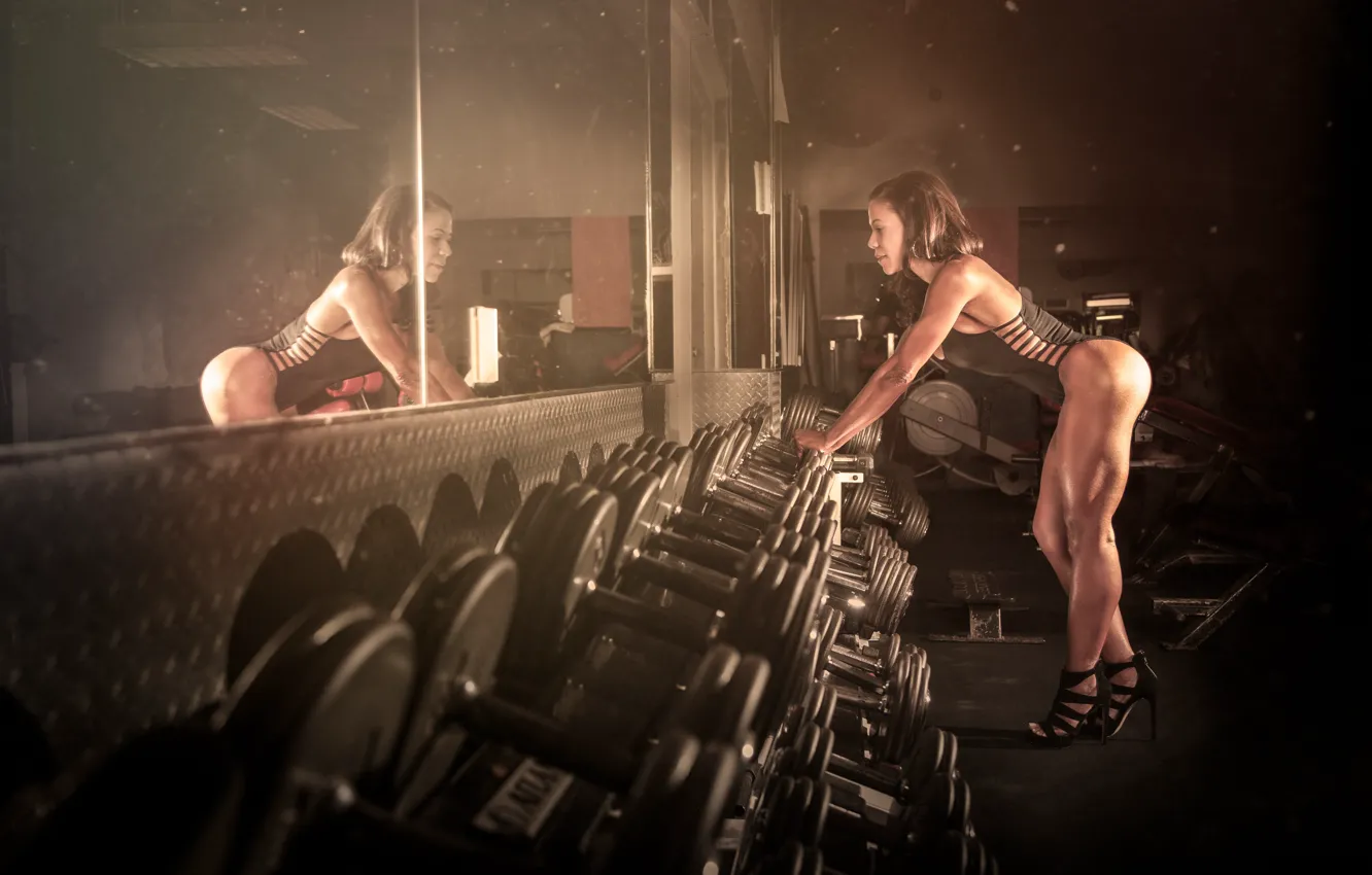 Фото обои female, mirror, workout, fitness, trainning