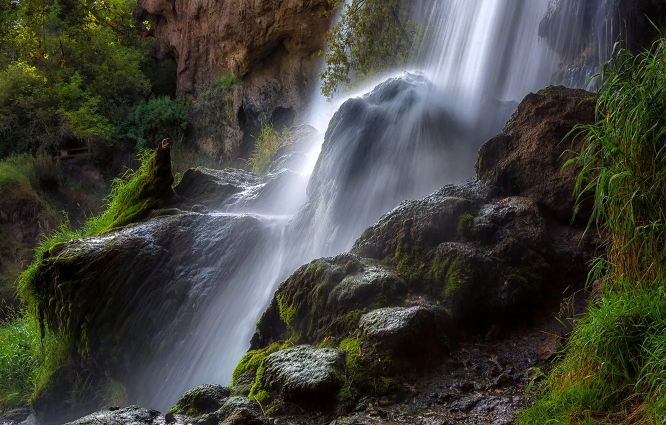 Фото обои зелень, скала, камни, водопад, мох, США, Colorado, Rifle Falls State Park