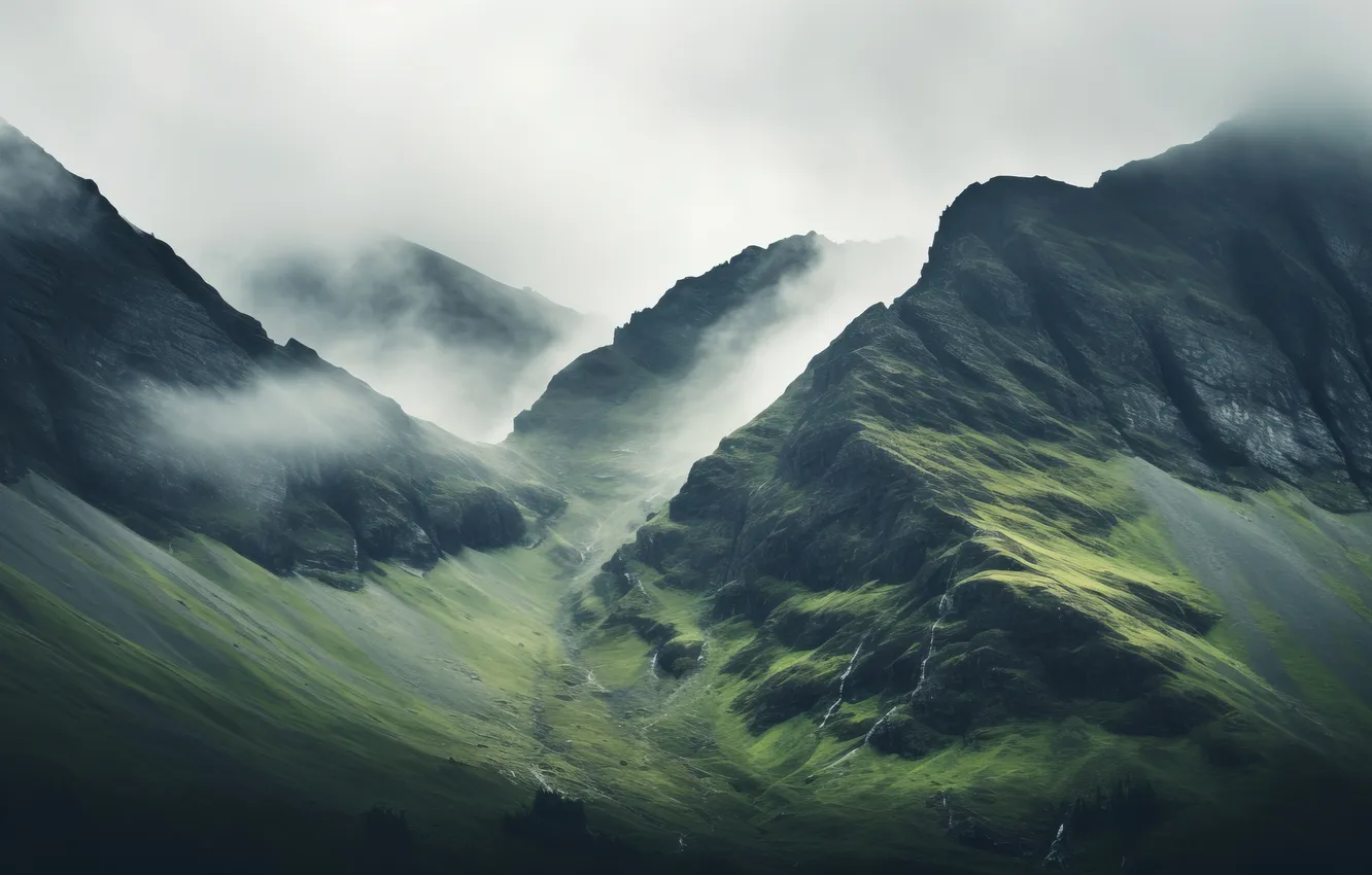 Фото обои Misty, landscape, nature, art, mountains, digital art, mist