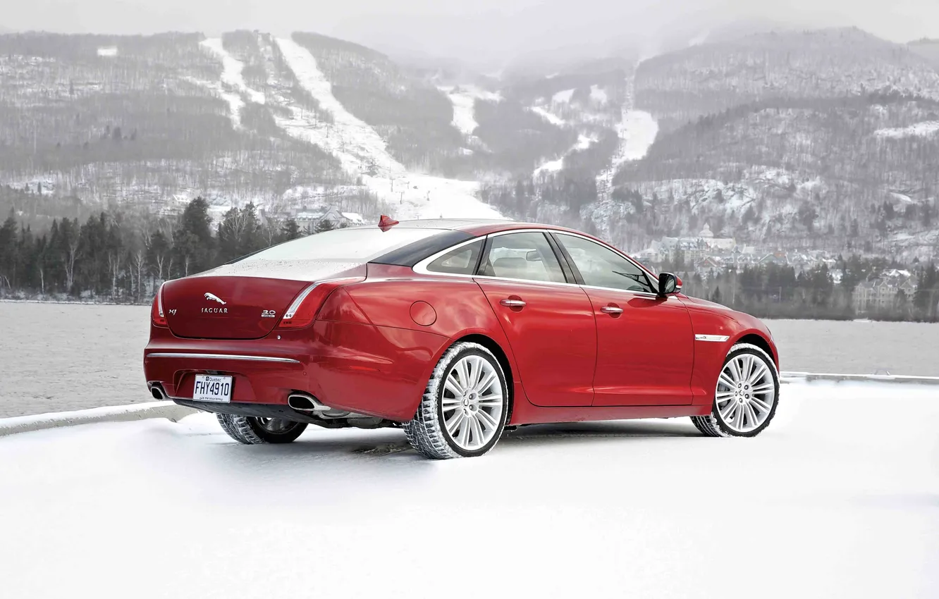 Фото обои Jaguar, Красный, Зима, Авто, Снег