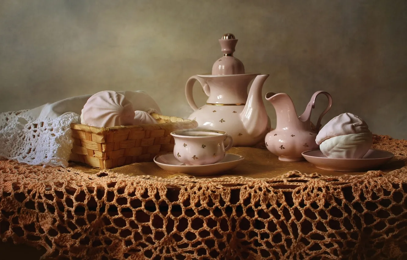 Фото обои чай, посуда, скатерть, сервиз, зефир