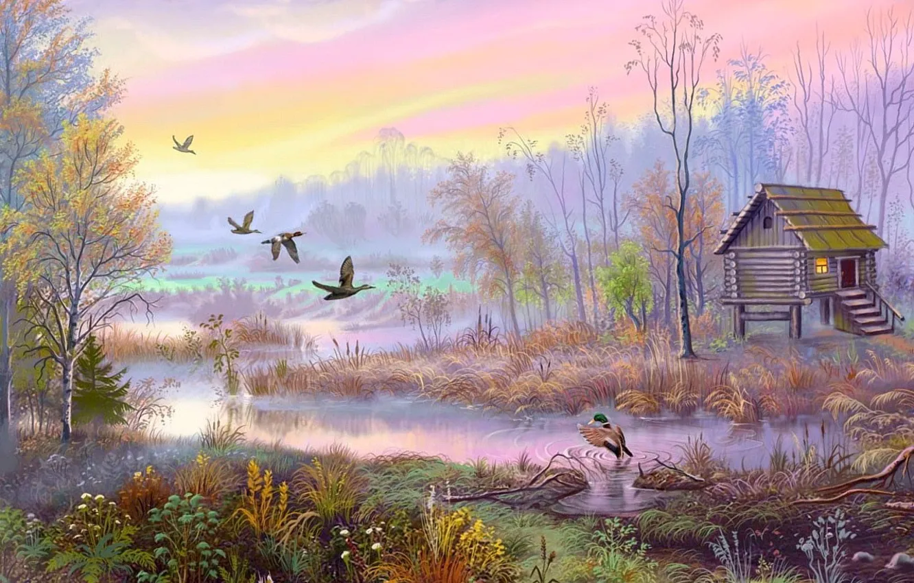 Фото обои птицы, дом, рисунок, болото