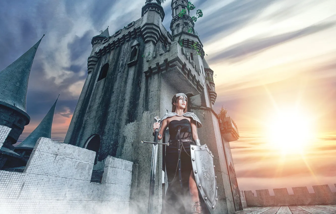 Фото обои девушка, замок, меч, щит