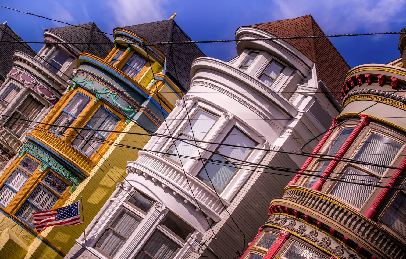 Фото обои провода, окна, здания, дома, флаг, Калифорния, Сан-Франциско, California