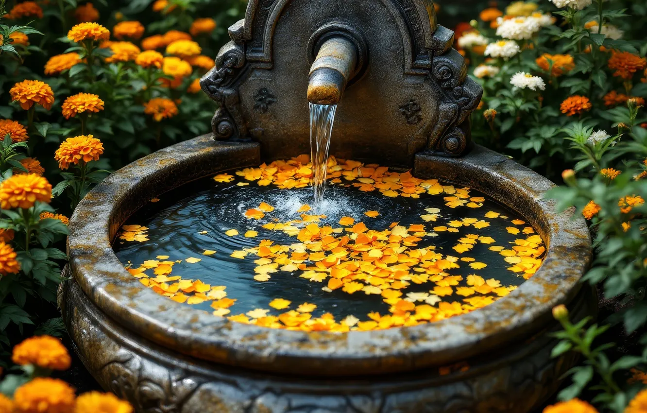 Фото обои лето, вода, цветы, природа, кран, лепестки, сад, колодец