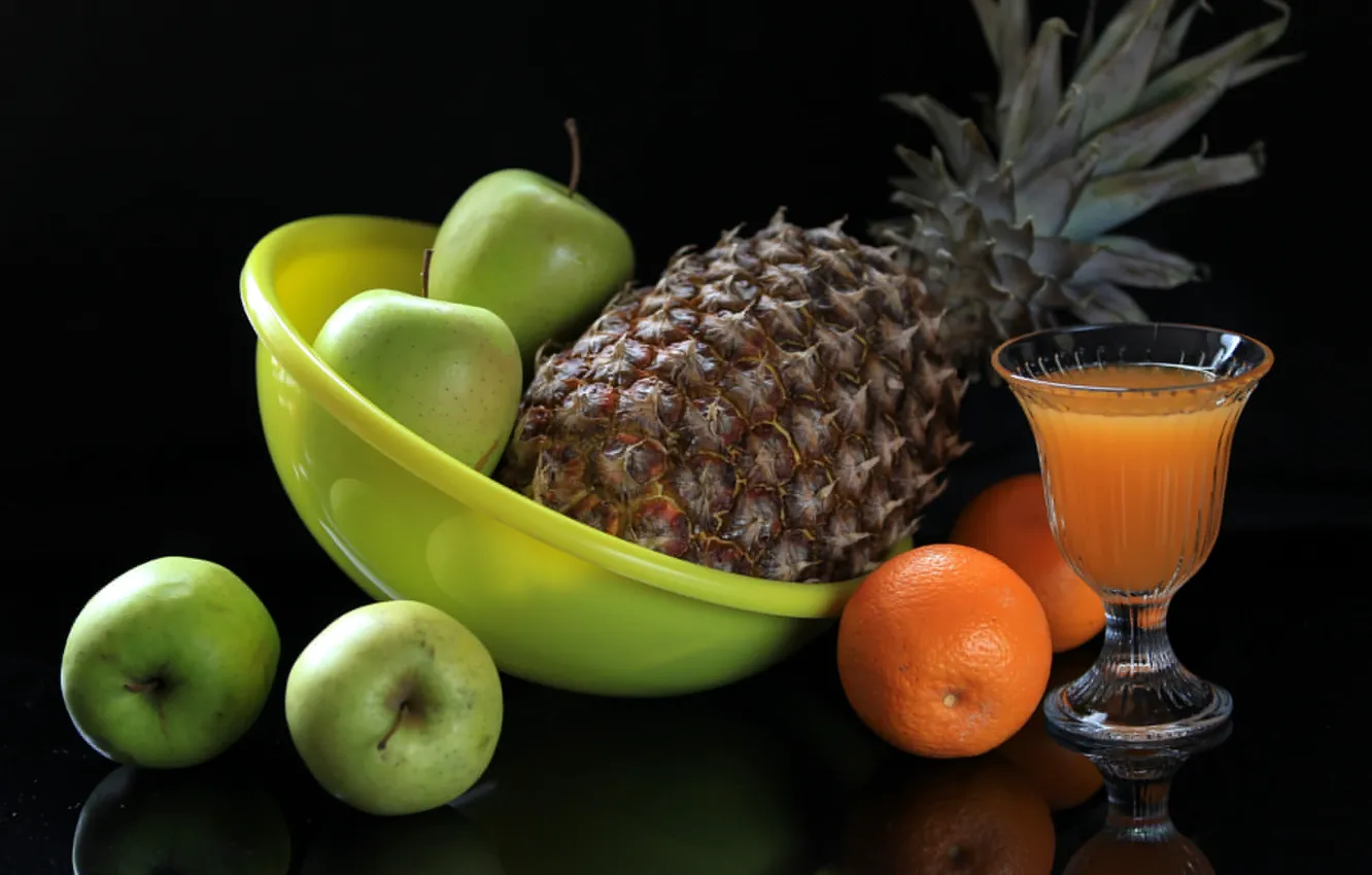 Фото обои яблоко, апельсин, сок, ананас, натюрморт