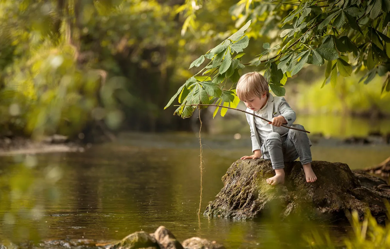 Фото обои рыбалка, мальчик, речка