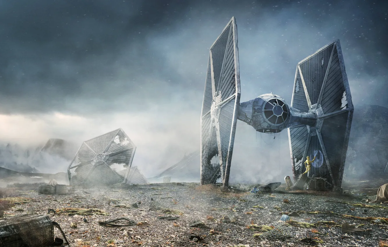 Фото обои Star Wars, R2-D2, TIE fighter, C-3PO, Rebel Droids, Lee Rouse
