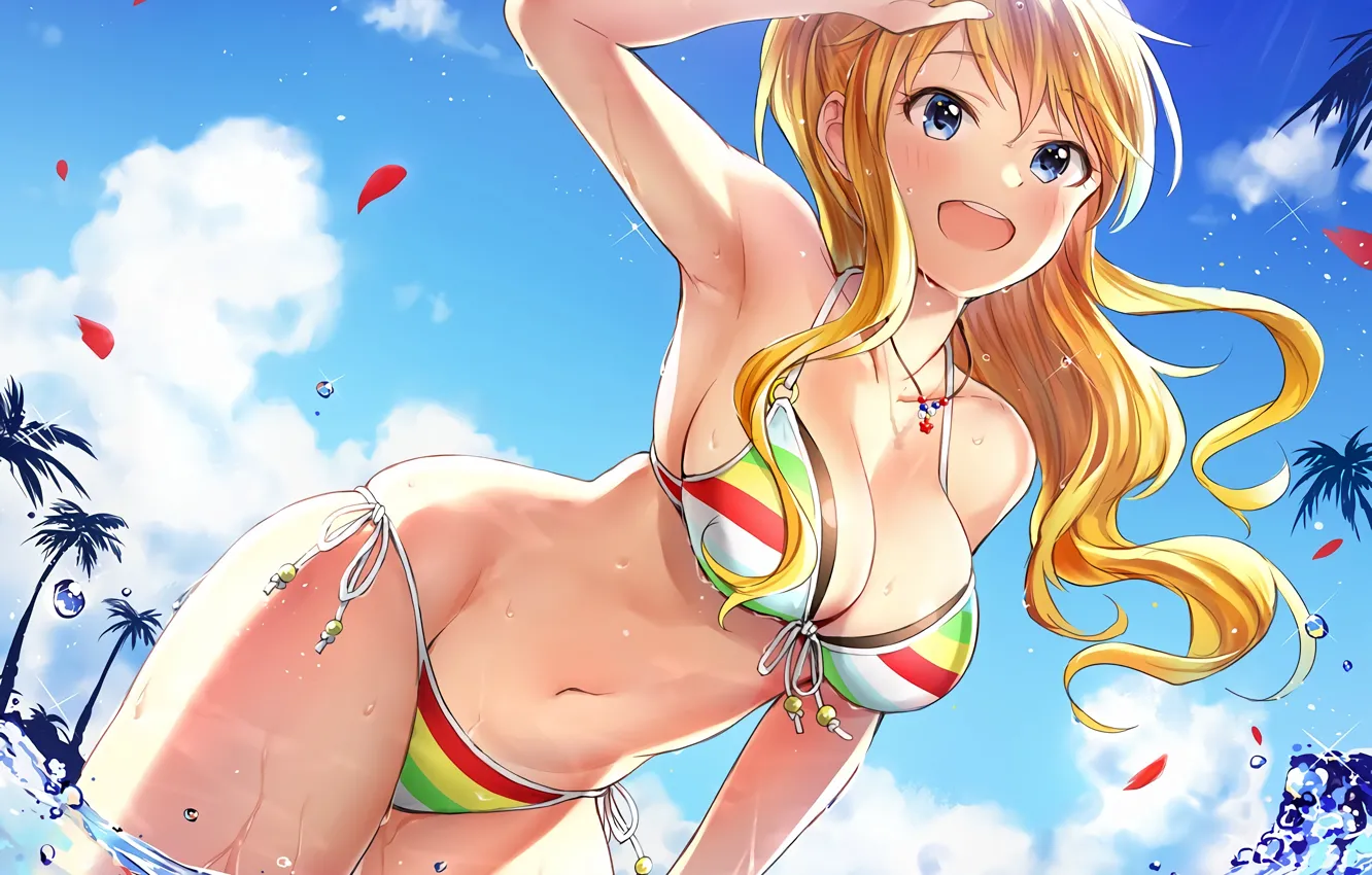 Фото обои girl, sexy, cleavage, beach, long hair, sea, boobs, anime