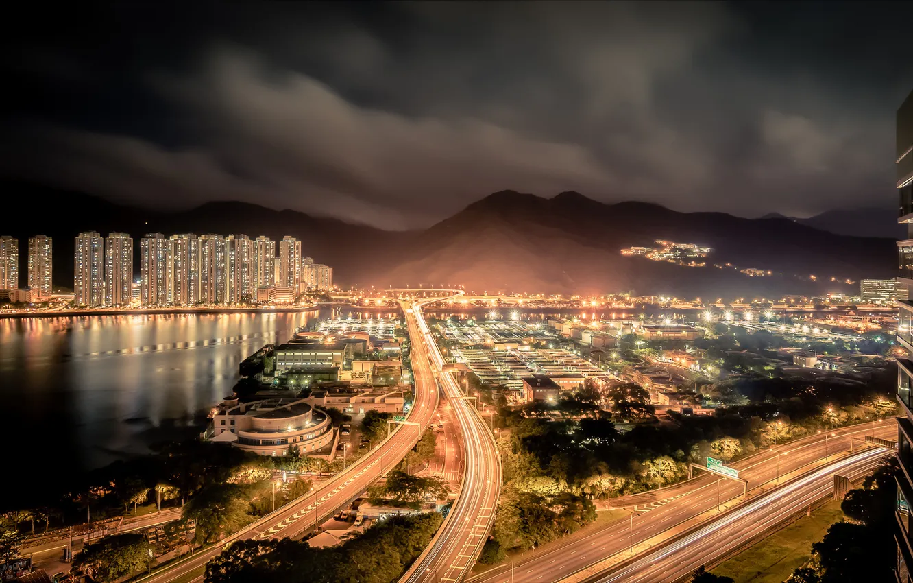 Фото обои ночь, город, Hong Kong