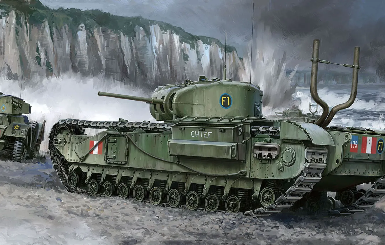 Фото обои Битва за Дьеп, Dieppe Raid, Тяжёлый пехотный танк армии Великобритании, морской десант вооруженных сил Великобритании, …