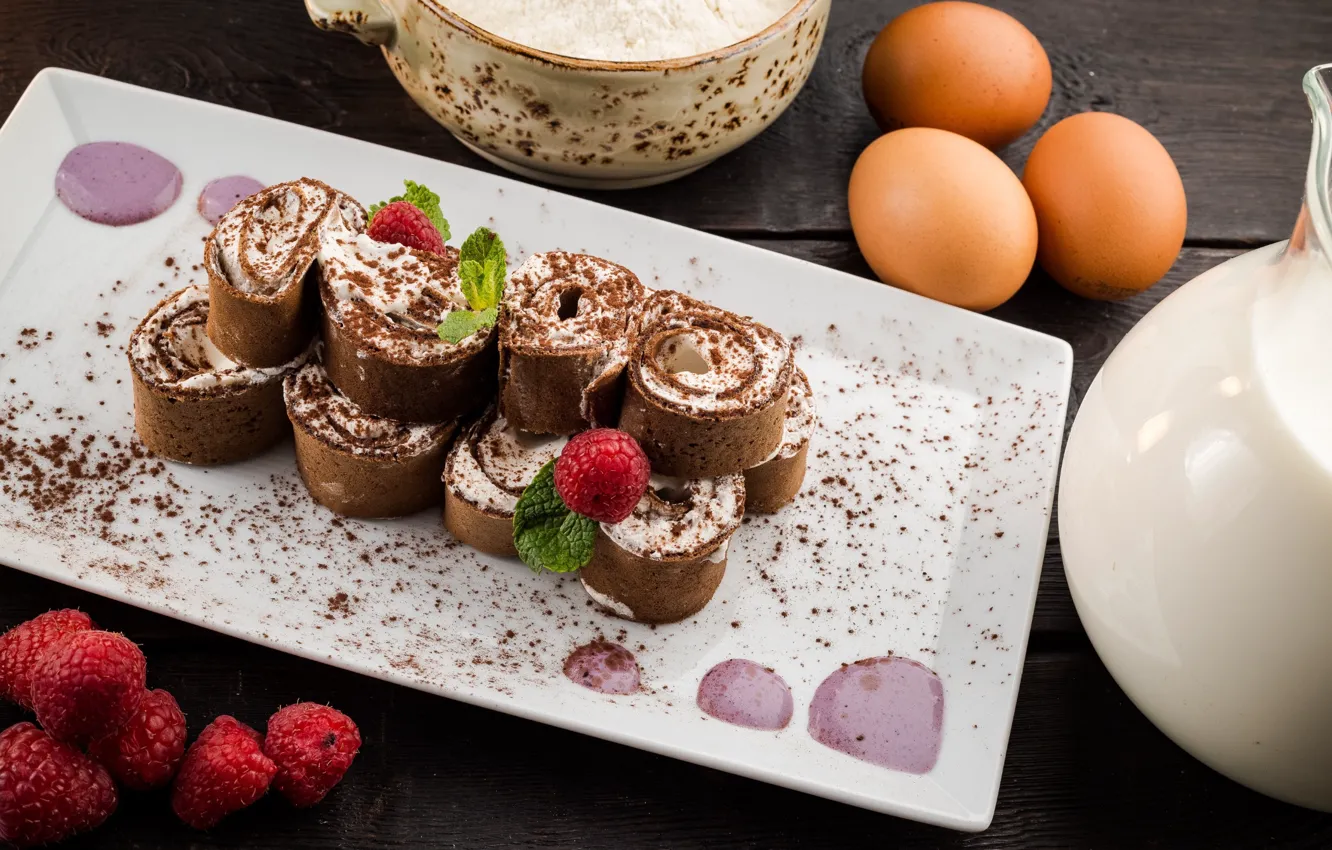 Фото обои малина, блины, десерт, шоколадное