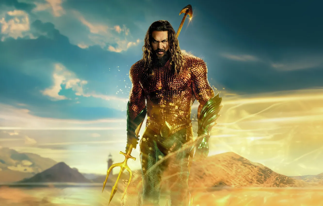 Фото обои фон, костюм, трезубец, постер, комикс, DC Comics, Aquaman, Jason Momoa