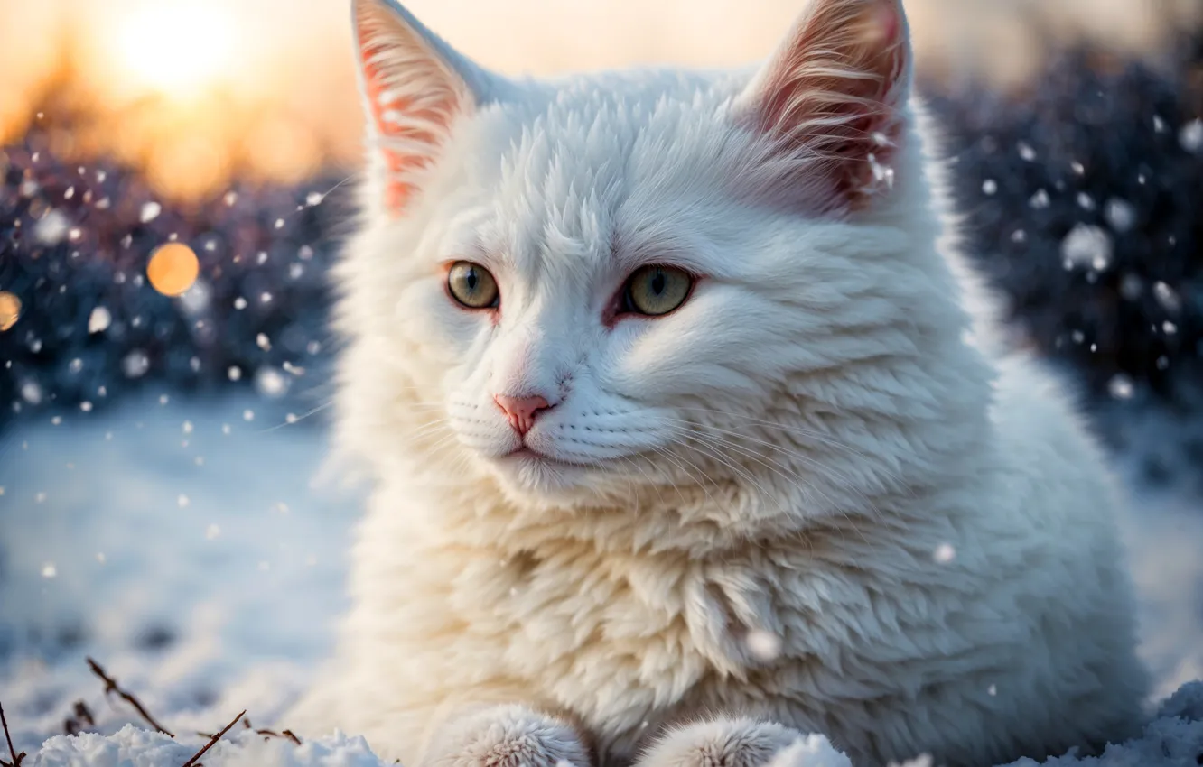 Фото обои зима, кошка, белый, взгляд, снег, ветки, природа, портрет