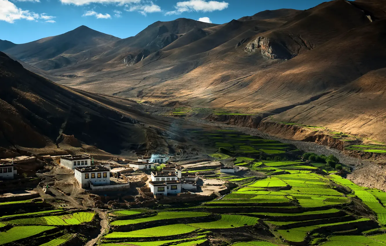 Фото обои горы, китай, деревня, домики, china, гималаи, тибет, tibet