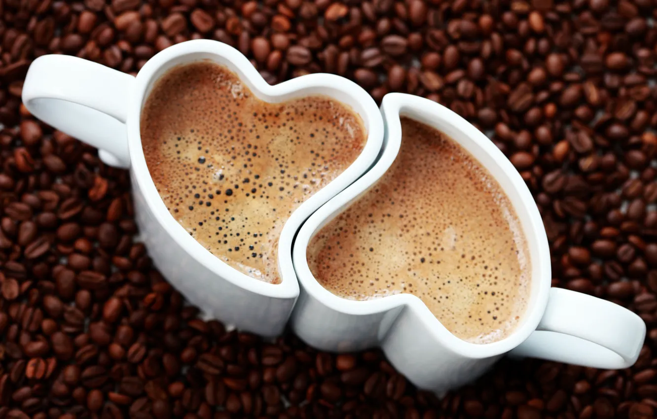 Фото обои пена, сердце, кофе, зерна, чашки, напиток