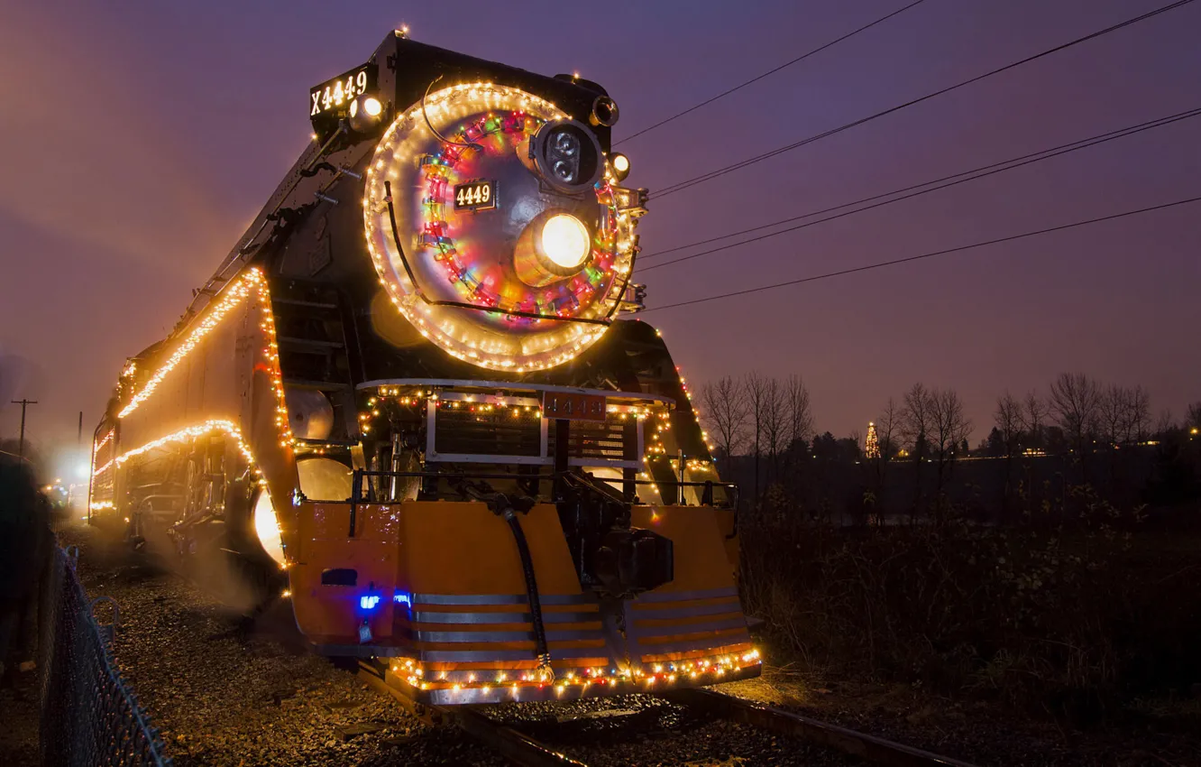Фото обои ночь, огни, новый год, подсветка, локомотив